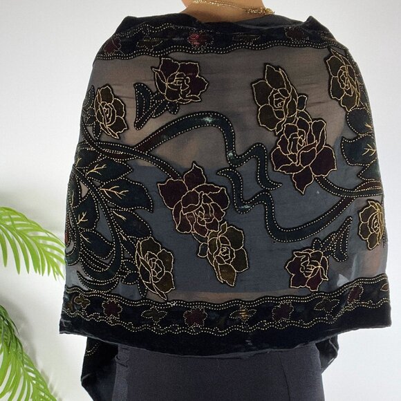 Vintage Black & Gold Silk Floral Velvet Whimsygoth Fairy Grunge Shawl Scarf - Picture 5 of 8